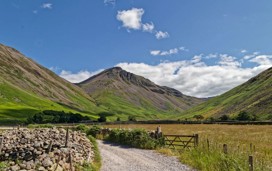 A view of the mountain Scafell Pike found in the Lake District and the trail leading up to it