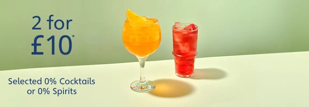 2 No & Low cocktails or 0% spirits for £10