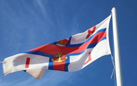 A RNLI flag outside the Grace Darling Museum.