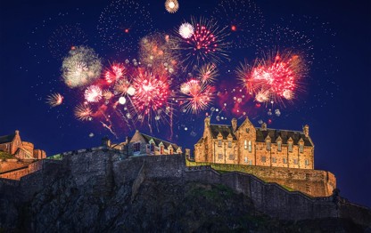 Fireworks in the skies above Edinburgh Castle, Scotland.