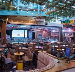 Comfy seating and a view of the stage and screen