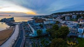 Aerial view of Weston-super-Mare Grand Pier and the seaside town in the North Somerset, England.