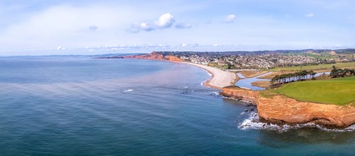 An aerial drone shot of Budleigh Salterton beach in Devon