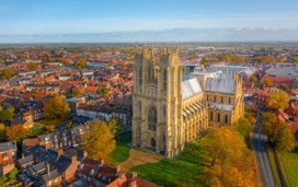 Overhead aerial top-down view of Beverley Minster in East Yorkshire, UK. Shot in Autumn 2019