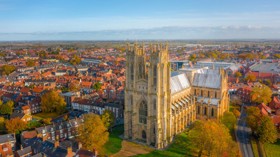 Overhead aerial top-down view of Beverley Minster in East Yorkshire, UK. Shot in Autumn 2019