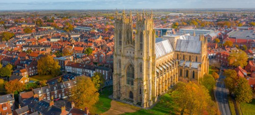 Overhead aerial top-down view of Beverley Minster in East Yorkshire, UK. Shot in Autumn 2019