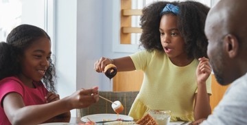 Eating pudding in the restaurant