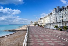 Grand buildings line St Leonards on Sea's seafront in Sussex.