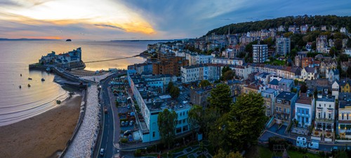 Aerial view of Weston-super-Mare, a seaside town in the North Somerset, England.