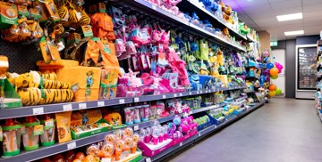 A view of the shelves of Seaside Squad merchandise available in Kent Coast's on-park supermarket.