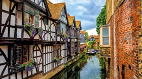 Medieval half-timber houses beside Stour River in Canterbury Old Town