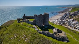Aerial view of Criccieth Castle, Snowdonia, Wales, UK