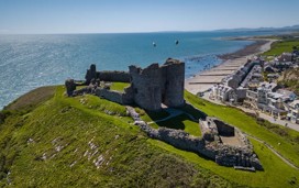 Aerial view of Criccieth Castle, Snowdonia, Wales, UK